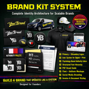 Complete Brand Kit system mockup featuring primary and secondary logos, icon mark, black and white logo variations, authority color palette, font hierarchy, brand usage guide PDF, fleet wrap mockups, uniform branding, social media profile kit, and invoice document styling.