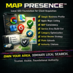Map Presence local SEO foundation graphic showing Google Business Profile optimization, Apple Maps listing setup, NAP consistency, service area build-out, category optimization, review strategy, photo uploads, and authority citations for stronger local search visibility.