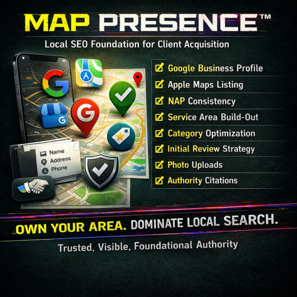 Map Presence local SEO foundation graphic showing Google Business Profile optimization, Apple Maps listing setup, NAP consistency, service area build-out, category optimization, review strategy, photo uploads, and authority citations for stronger local search visibility.
