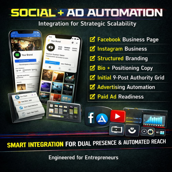 Social media and advertising automation integration graphic featuring Facebook business page setup, Instagram business optimization, structured branding, bio positioning copy, initial nine-post authority grid, advertising automation system, and paid ad readiness dashboard.