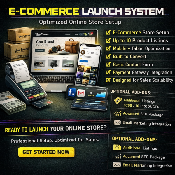 E-Commerce Launch System graphic showing optimized online store setup with WordPress and WooCommerce configuration, up to 10 product listings, mobile-responsive design, conversion optimization, contact form integration, SEO-ready product pages, and optional add-ons for advanced SEO and email marketing.