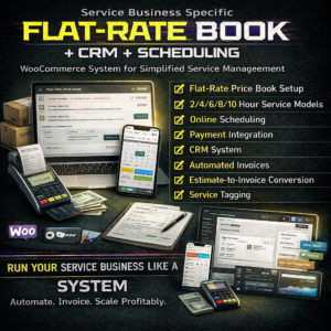 Service business WooCommerce flat-rate price book system with CRM and scheduling integration showing 2/4/6/8/10 hour service models, online booking, payment processing, automated invoicing, estimate-to-invoice conversion, and service tagging dashboard.