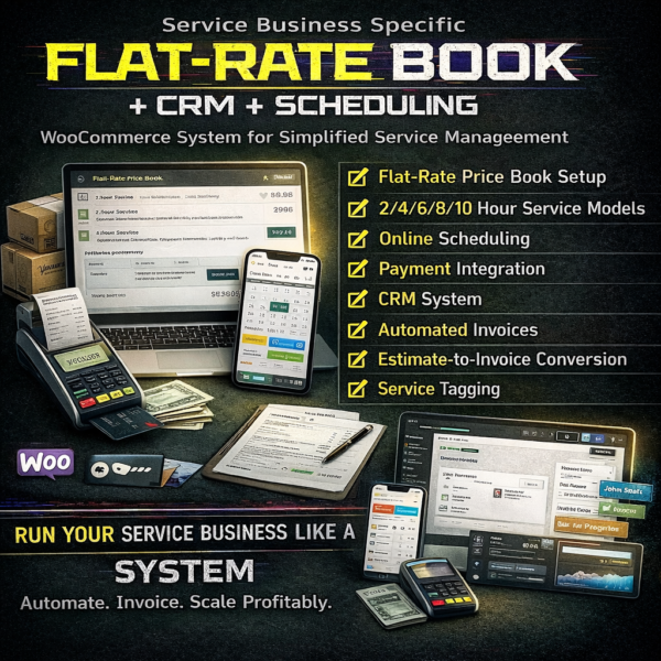 Service business WooCommerce flat-rate price book system with CRM and scheduling integration showing 2/4/6/8/10 hour service models, online booking, payment processing, automated invoicing, estimate-to-invoice conversion, and service tagging dashboard.