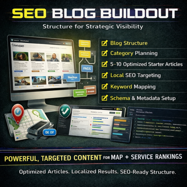 SEO blog buildout graphic showing structured blog architecture, category planning, 5 to 10 optimized starter articles, local SEO targeting, keyword mapping strategy, and schema and metadata setup for improved search rankings.