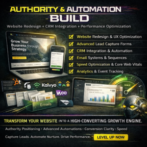 Website redesign and CRM integration graphic showing authority positioning build with advanced lead capture forms, email automation, analytics tracking, performance optimization, Core Web Vitals improvement, and automated CRM workflows for scalable business growth.