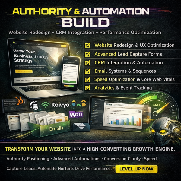 Website redesign and CRM integration graphic showing authority positioning build with advanced lead capture forms, email automation, analytics tracking, performance optimization, Core Web Vitals improvement, and automated CRM workflows for scalable business growth.