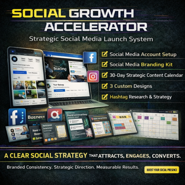 Social Growth Accelerator strategic social media launch system by AWWW Solutions featuring Facebook and Instagram business profile optimization, 30-day content calendar, branded template kit, hashtag strategy, and growth-focused social media foundation on dark neon-accent design.