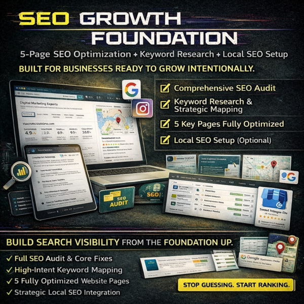 SEO Growth Foundation 5-page website optimization package featuring comprehensive SEO audit, advanced keyword research, local SEO setup, structured metadata, schema enhancements, and strategic search visibility implementation for small businesses.