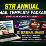 Promotional graphic for AWWW Solutions STR Annual Email Template Package featuring 12 seasonal email campaigns designed to increase direct bookings for short-term rentals.