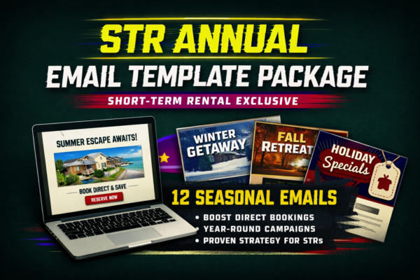 Promotional graphic for AWWW Solutions STR Annual Email Template Package featuring 12 seasonal email campaigns designed to increase direct bookings for short-term rentals.