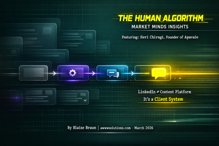 Abstract system interface visual representing LinkedIn as a client acquisition pipeline with workflow modules and highlighted message conversion node