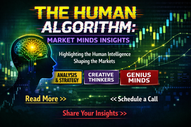 The Human Algorithm Market Minds Insights featured image with digital brain, stock market data visualization, and strategy-focused typography