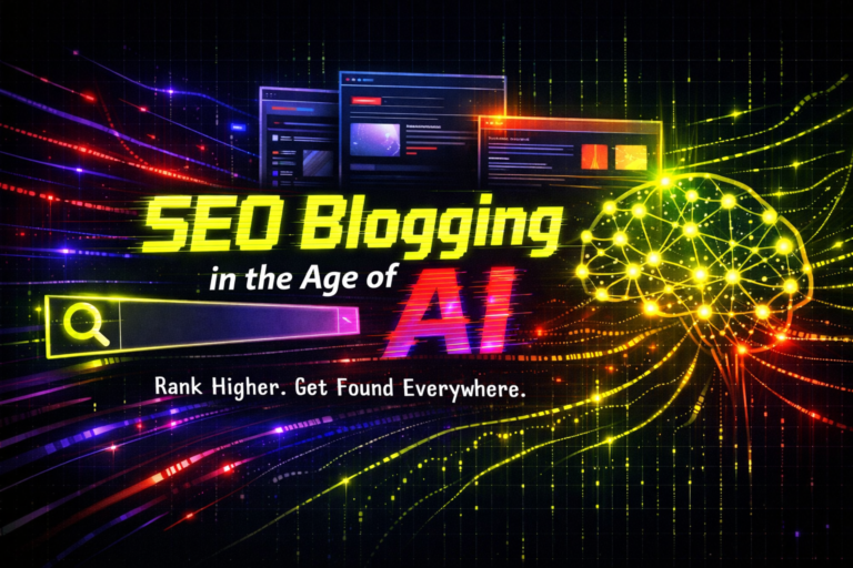 Futuristic SEO blogging concept with glowing neural network, search bar interface, and digital data streams on a dark background representing AI-driven search optimization