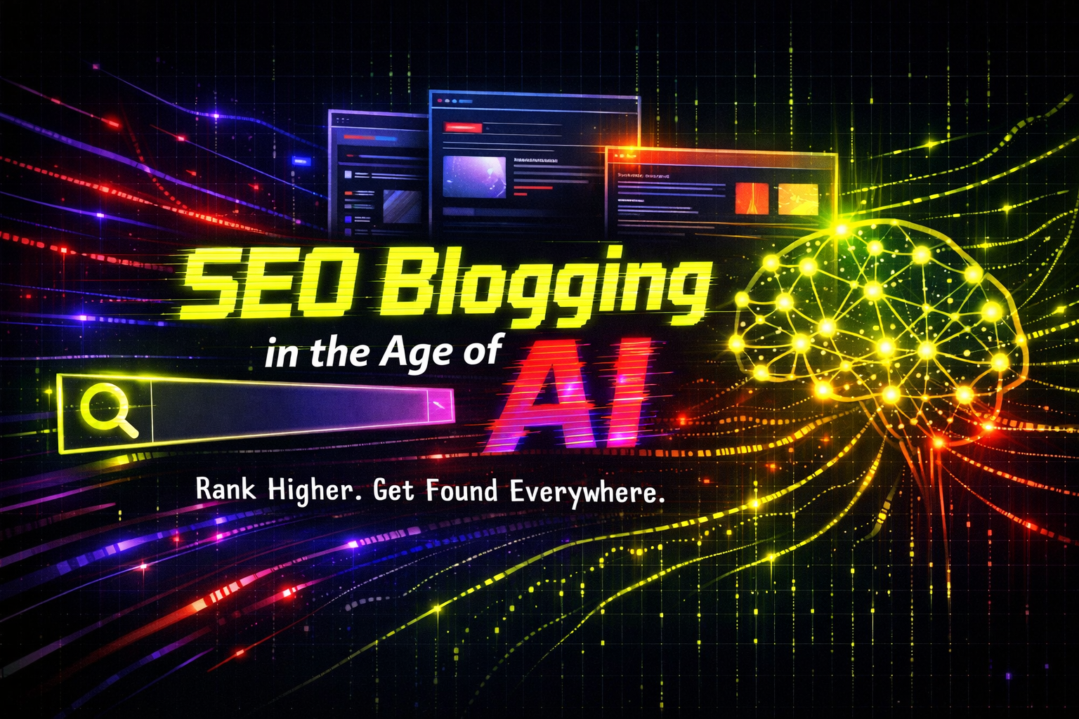 Futuristic SEO blogging concept with glowing neural network, search bar interface, and digital data streams on a dark background representing AI-driven search optimization